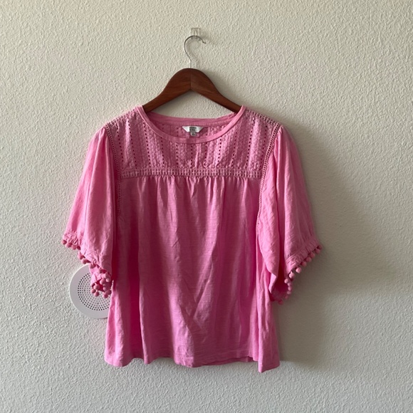 Crown & Ivy Pink Eyelet Pom Pom Cotton Blouse S - Picture 1 of 6